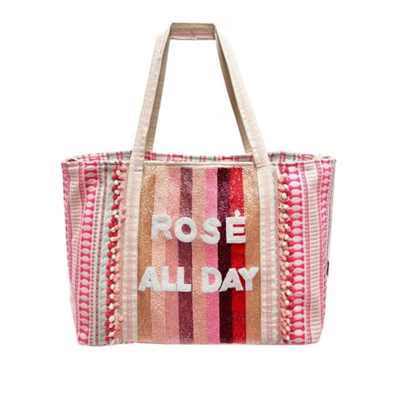 Handmade Handbags - Rose All Day Beaded Beach Bag Purse Pink Striped Large Tote